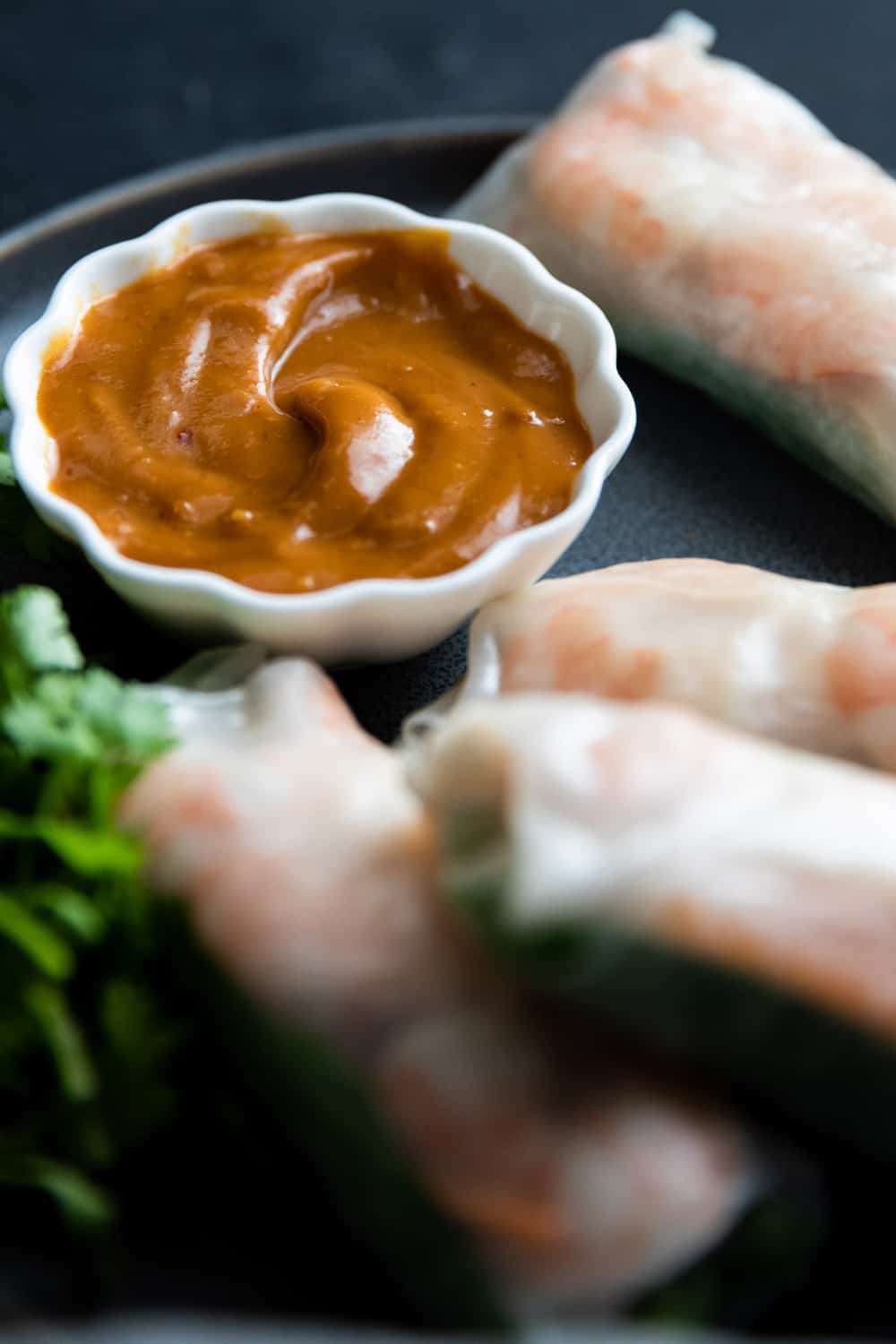 This Shrimp Spring Rolls recipe is a great way to eat fresh and healthy. These spring rolls are crunchy, tasty and go really well with a peanut dipping sauce. Shrimp spring rolls on a plate unclose with dipping sauce.