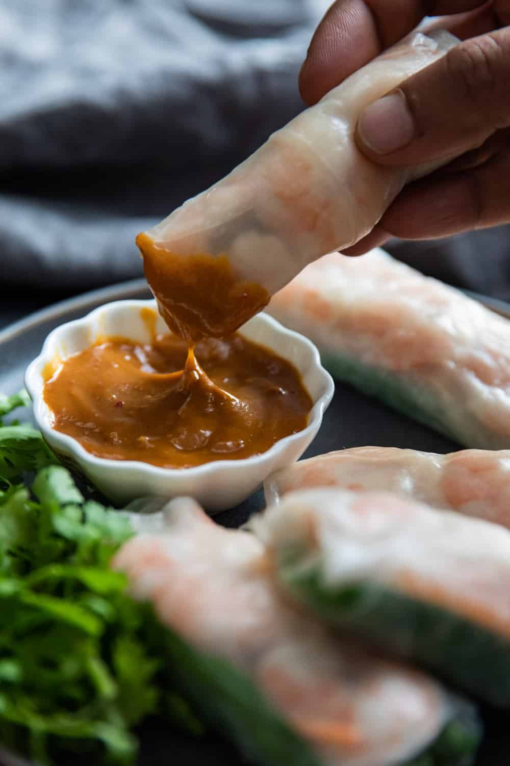 This Shrimp Spring Rolls recipe is a great way to eat fresh and healthy. These spring rolls are crunchy, tasty and go really well with a peanut dipping sauce. Shrimp spring rolls being dipped in a sauce.