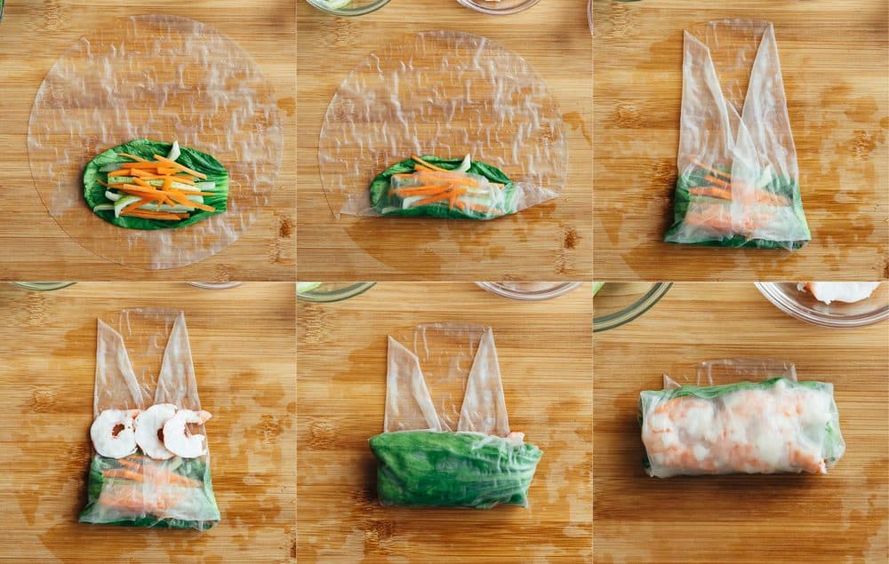 This Shrimp Spring Rolls recipe is a great way to eat fresh and healthy. These spring rolls are crunchy, tasty and go really well with a peanut dipping sauce. The process of wrapping up shrimp spring rolls.