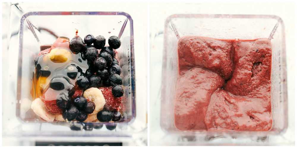 The Best Acai Bowls (Three Ways!) is a fruit filled bowl full of acai berries blended together with a juice topped with granola, fresh fruits, crunchy nuts and a variety of seeds all drizzled with a fun topping. A perfect way to start your day or keep it going! Two blenders showing the process of making the very berry acai bowl.