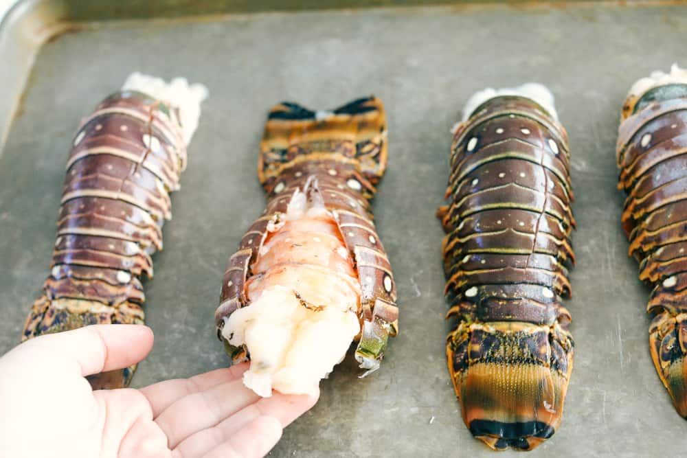 The Best Lobster Tail Recipe Ever is a decadent dinner made with large lobster tails smothered with a buttery garlic herb sauce then broiled under high heat making these lobster tails tender and juicy. The ultimate indulgence! Pulling the meat out of the lobster shell while butterflying them.