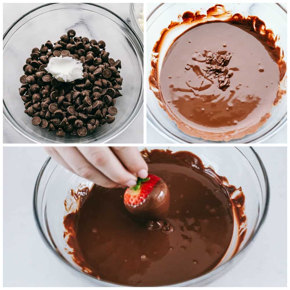Chocolate-covered strawberries are ripe, juicy strawberries that are dipped it into melted chocolate. Then, you garnish them with a variety of toppings to really make this treat for just about everyone! The process of melting chocolate in a glass bowl then dip the strawberries in.