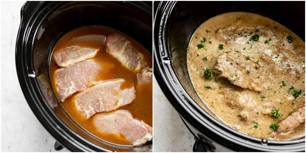 These Crock-Pot Pork Chops are fall-apart tender and ridiculously simple to make. The perfect comforting family meal! Crock-Pot pork chops collage (before and after cooking)