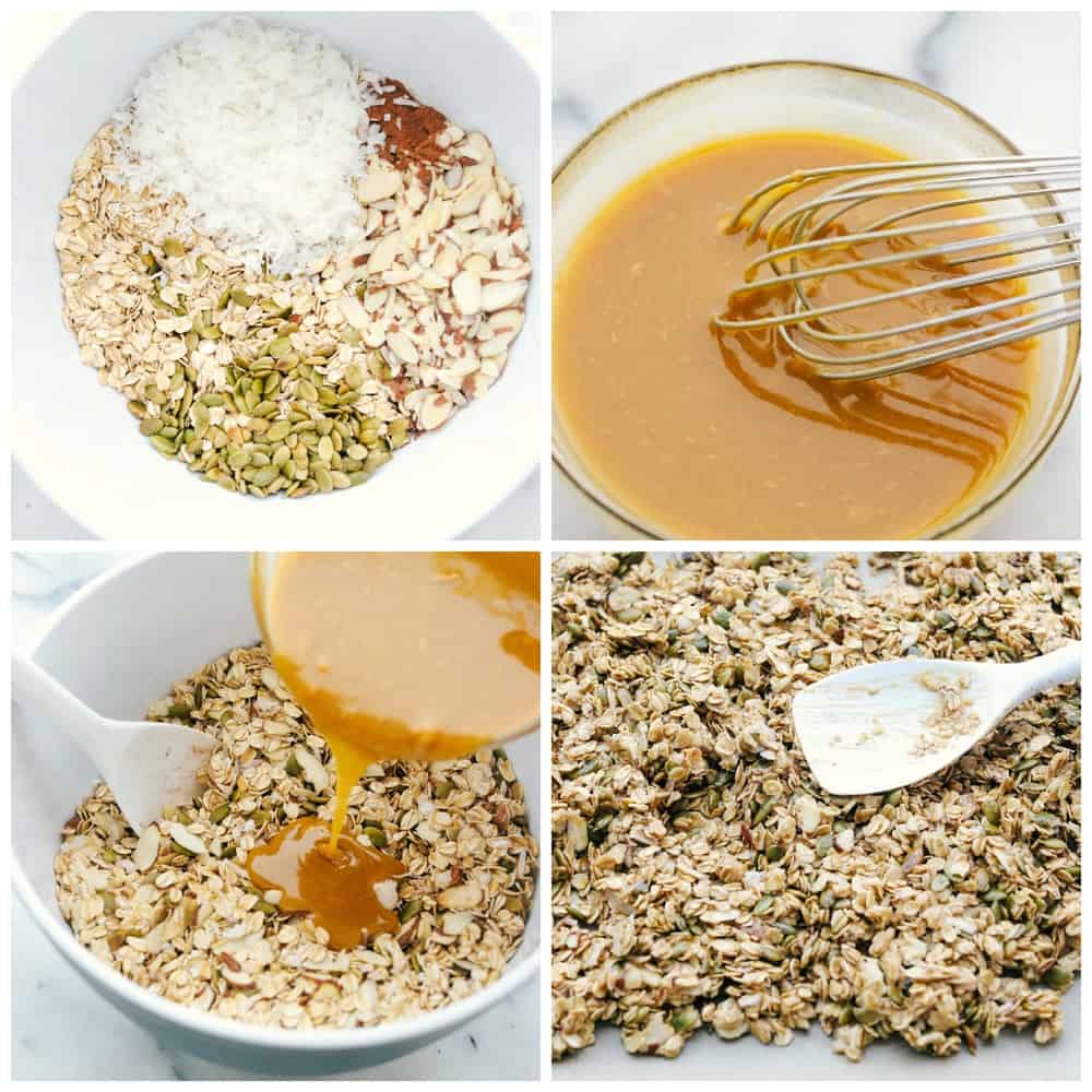 Insanely Good Homemade Granola is a sweet and savory granola with oats, nuts, seeds, dried fruit mixed together with a cinnamon seasoning and combined with a peanut butter and maple syrup poured over top, then baked to perfection. This is a MUST make granola in 20 minutes! The process of making homemade granola with one bowl all the seeds and nuts then another bowl whisking syrup and peanut butter and pouring it over the granola and spreading it out on a pan.