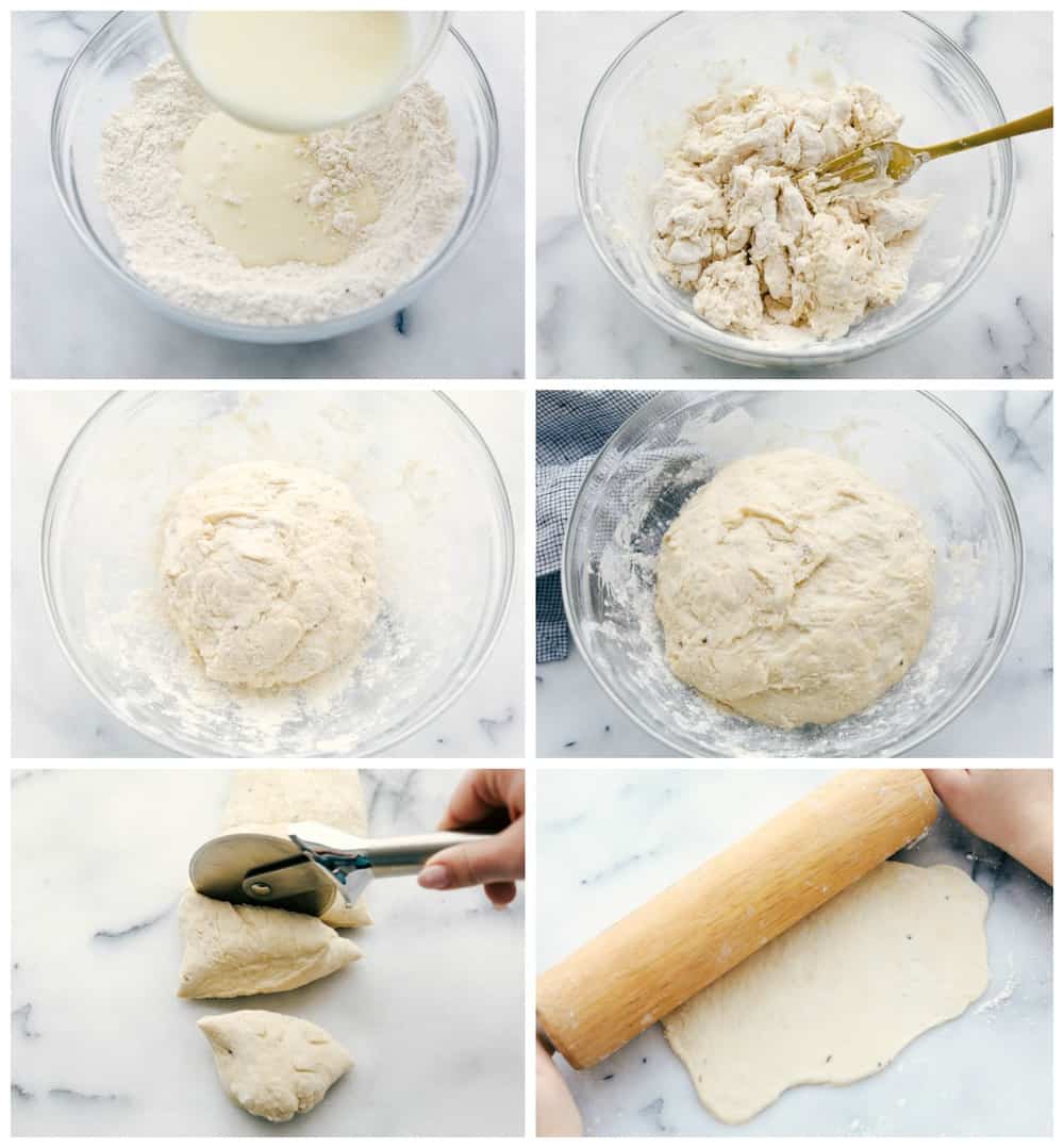 Perfect Naan Bread with Garlic Butter is a sweet and buttery flatbread with simple ingredients that is thick and rich that fluffs up and softens when cooked then brush on a garlic buttery sauce for added flavor. Learn how to make homemade naan bread! Naan bread dough being mixed and rolled into a ball and placed in the glass bowl. Cut into section and then rolled out using a rolling pin.