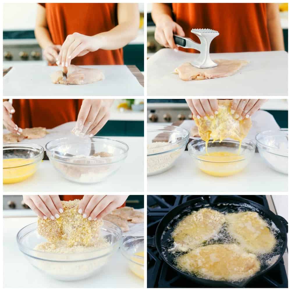Awesome Chicken Katsu is a crispy breaded chicken breast seasoned and dipped inย Panko then lightly fried in oil until the crust becomes a golden brown. A light and savoryย Japaneseย dish!ย The process of making chicken katsu. First pound it flat, dip it in flour, egg, panko breadcrumbs then fry it.