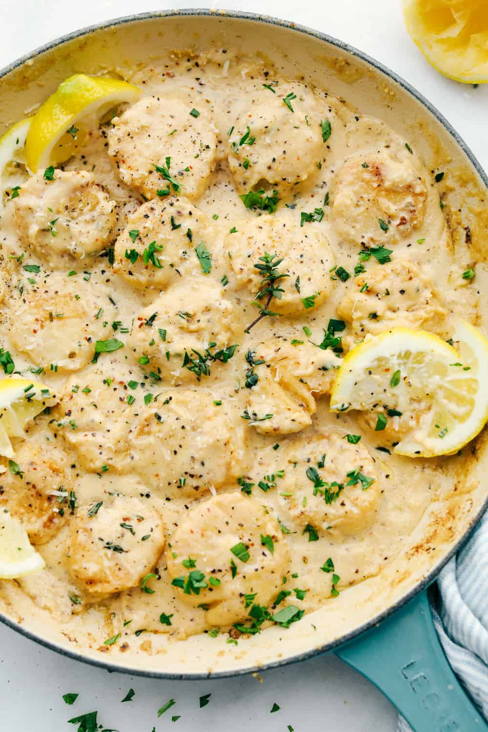 Creamy Lemon Parmesan Scallops are insanely good! These fresh scallops are lightly seasoned, then seared in a creamy, light lemon and parmesan sauce that coats each of the scallops made all in one pan. Creamy lemon parmesan scallops in a pan with lemon slices.