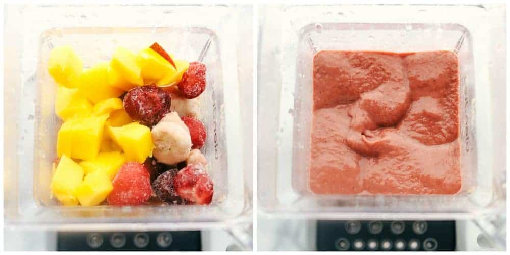The Best Acai Bowls (Three Ways!) is a fruit filled bowl full of acai berries blended together with a juice topped with granola, fresh fruits, crunchy nuts and a variety of seeds all drizzled with a fun topping. A perfect way to start your day or keep it going! Two blenders with the process of making Tropical Mango acai bowls.
