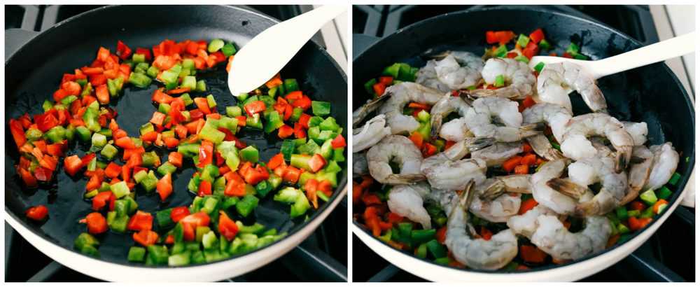 Mexican Shrimp Skillet is full of thick, plump shrimp with black beans, goldenย yellowย corn, ripe cherry tomatoes, chopped bell peppers, black olives mixedย together in myย famous tacoย seasoning all inย sautรฉd in one pan. All under 20 minutes! Red and green bell peppers chopped and diced sautรฉing in a skillet then adding in shrimp to sautรฉ.