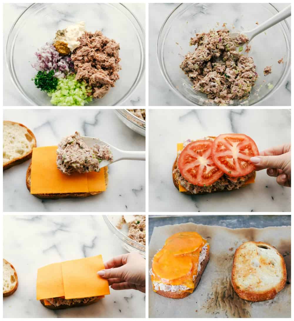 Tuna melts are the ultimate sandwich with a flavorful fish mixture, melty cheddar cheese, and freshly sliced tomatoes all melted together in a skillet on crispy, golden bread. So easy to make and delicious, this sandwich will literally melt in your mouth! The process of mixing the tuna fish mixture then layering the sandwich with cheese and tomatoes in six different photos.