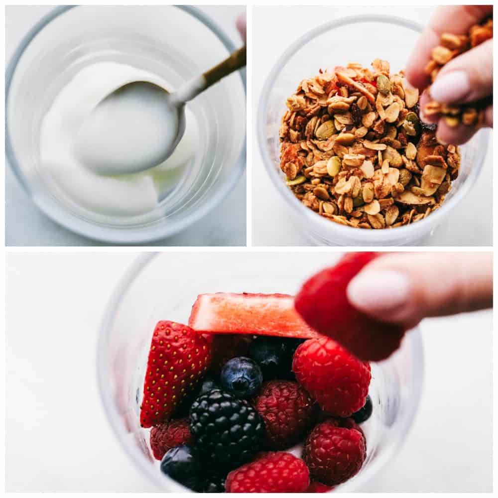 Yogurt Parfait recipe is a simple breakfast or snack that starts with a thick and creamy yogurt layered with homemade granola and fresh berries then topped with more fresh berries and a honey drizzle. A delicious breakfast ready in only a few minutes! The layering process of a yogurt parfait. First cup has a spoon adding in yogurt, then a cup full of granola. Lastly a cup full of berries.