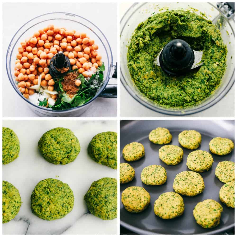 Falafel is a round bite sized mixture of garbanzo beans, seasonings and a hint of spice from a jalapeño all cooked and ready to add to any wrap or salad. A healthy little bite! The process of mixing the falafel in a food process. The first photo is the garbanzo beans and other ingredients, then the next is a photo of it mixed together and green then formed into 1 to 2 inch round patties and fried on a skillet.
