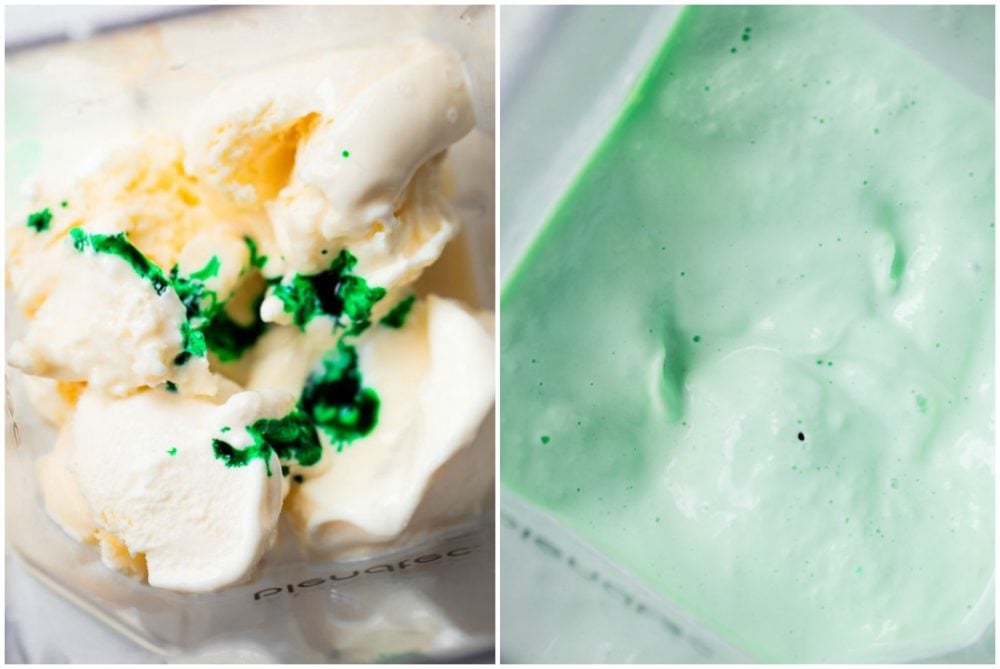 line at the drive-thru and make your own at home! 2 pictures showing how to add food coloring to the ice cream.