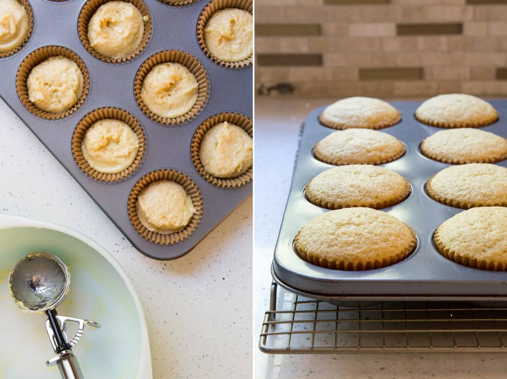 Easy Vanilla Cupcakes with vanilla frosting are such a classic treat for birthdays and perfect for any celebratory occasions. These moist cupcakes with their creamy crown of frosting will surely bring a smile to your face! Vanilla cupcake batter and baked cupcakes in a muffin pan