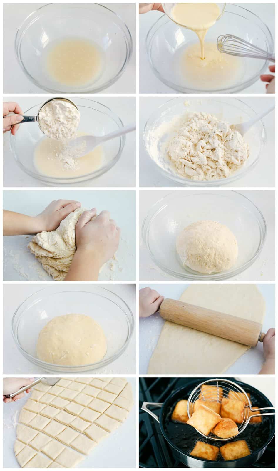 Best Beignets Recipe is a light, fluffyย Frenchย doughnut that are cut into squares and puffed up when fried in oil and then end by sprinkling with powdered sugar or dipped inย chocolate syrup. The best pillowy-soft and fluffy treat to enjoy!ย The process of making a beignet by activating yeast in a glass bowl, then adding dough mixture, kneading the dough and letting the dough rise. Roll out the dough with a rolling pin and cut into squares then fried in oil.