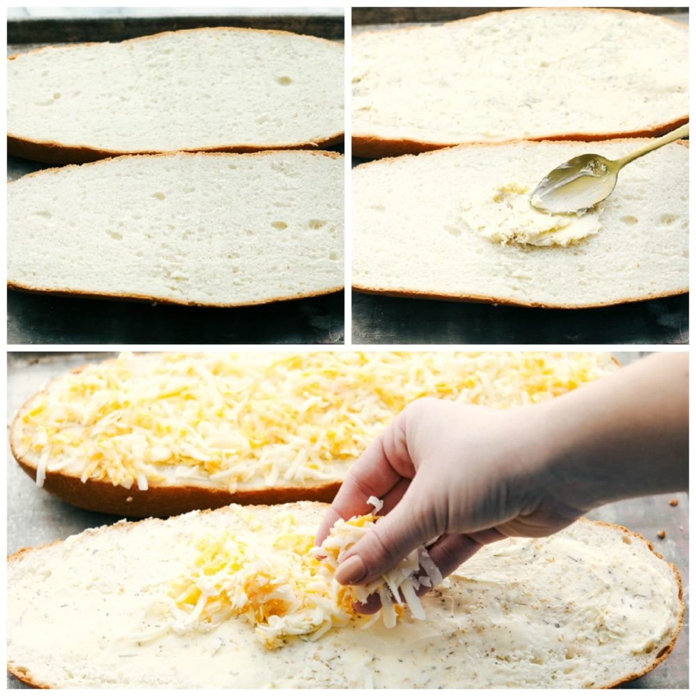 Cheesy garlic bread is so simple to make with loads of cheese and that soft bread on the inside with the crunchy crust on the outside. This is a family favorite for sure!ย The process of making cheese garlic bread with the bread cut in half then buttered and sprinkled with cheese.