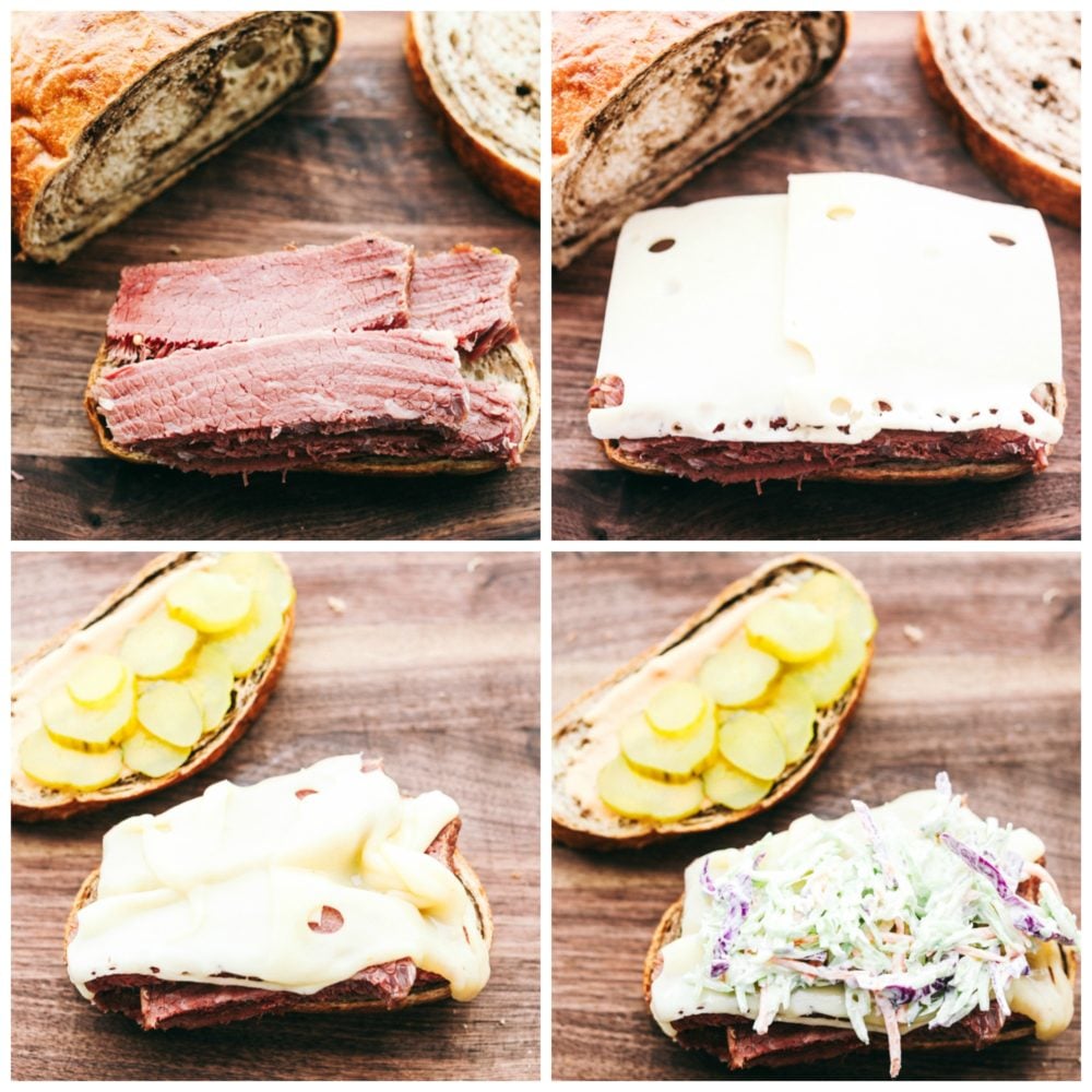This corned beef sandwich is packed with so much flavor from the thick slices of corned beef layered with all the favorite toppings making this sandwich irresistible. Leftover corned beef for the WIN!ย Making a corned beef sandwich with corned beef, cheese, pickles and coleslaw.