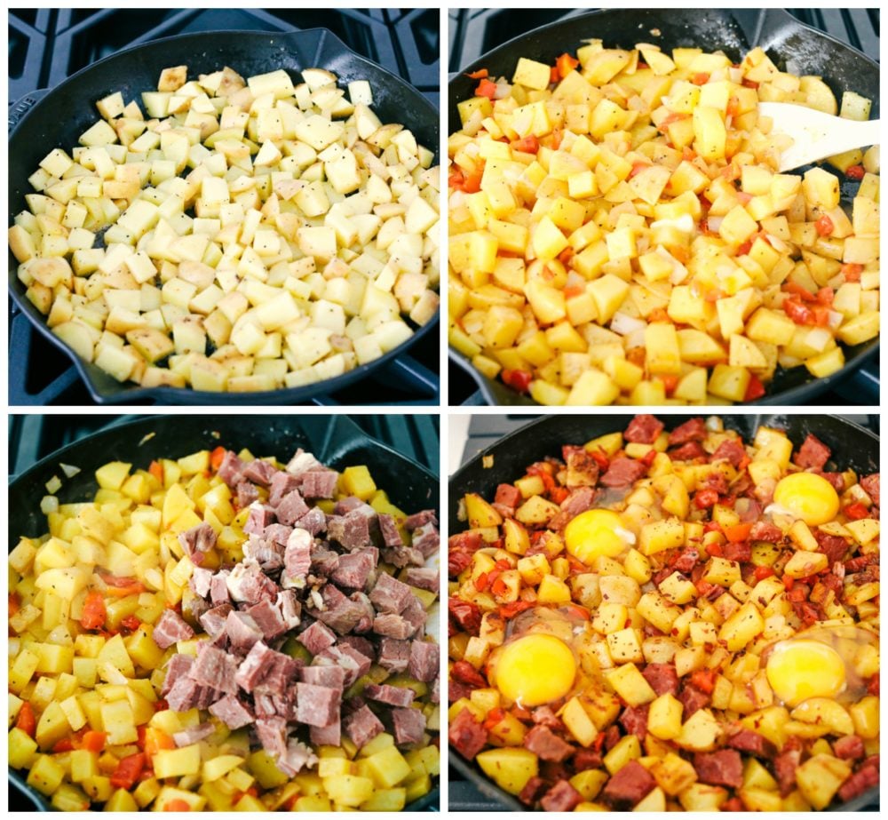 This corned beef hash breakfast is filled with chopped crispy potatoes and bell peppers with corned beef mixed together and a large sunny side up egg to complete the meal. Breakfast just got better with this hash! The process of cooking potatoes, adding in red bell peppers in the skillet, then adding leftover corned beef and adding eggs on top.