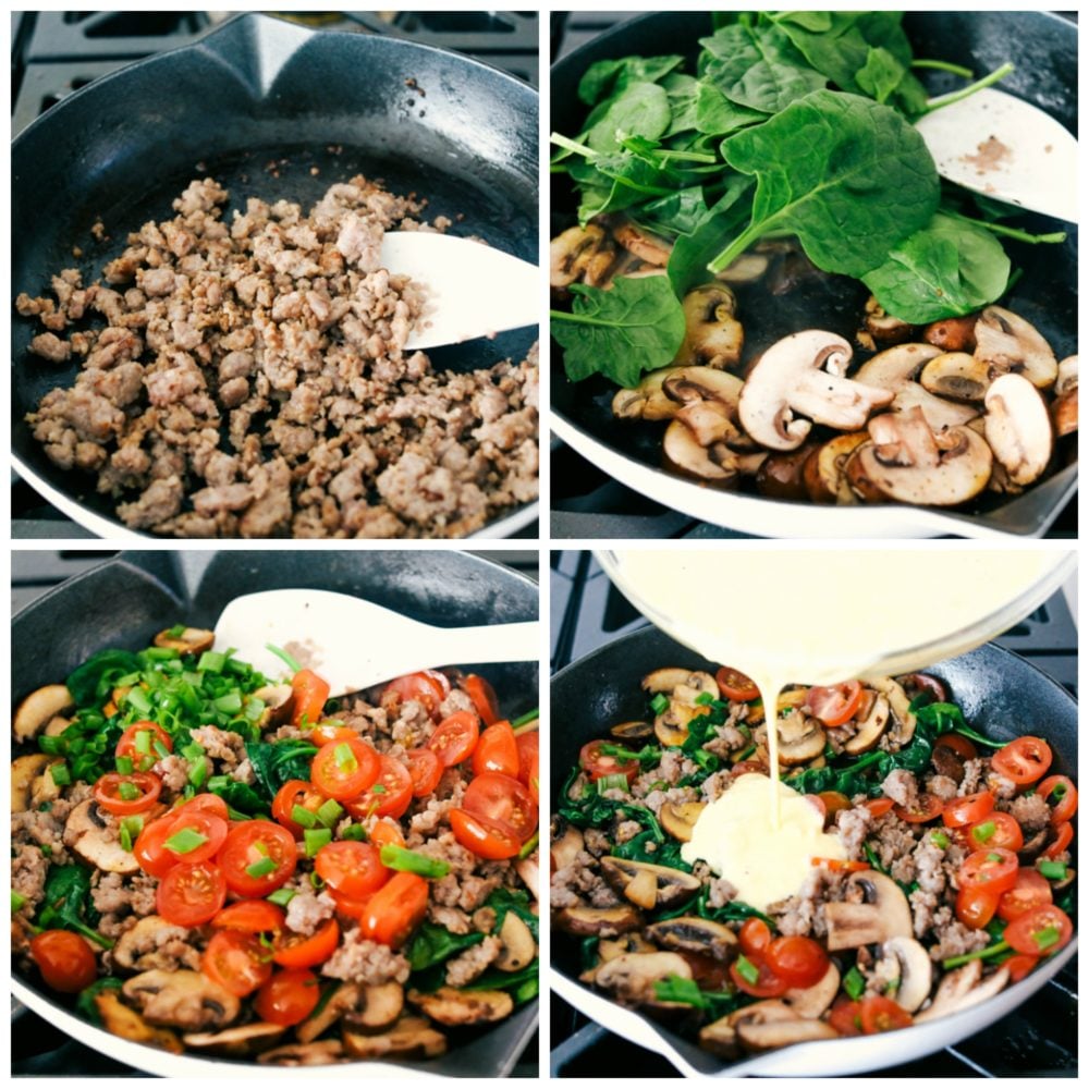 This breakfast frittata is filled with chunks of sausage, slices of mushrooms and sweet tomatoes making this a breakfast everyone will love. So simple to make and full of so much flavor! The process of making a sausage and mushroom frittata starting with cooking ground sausage in a skillet, adding spinach and mushrooms then cooking with tomatoes and eggs poured over top in a skillet.