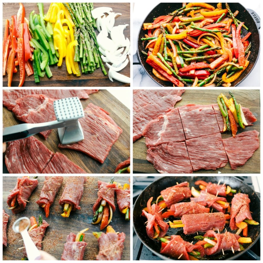 Steak fajita roll ups are fun and festive for the whole family and look extra special sautéed with bright colored bell peppers and fresh asparagus seasoned with my homemade fajita seasoning then rolled up in the flank steak. This makes for a light and delicious dinner! The process shots making steak fajita roll ups.