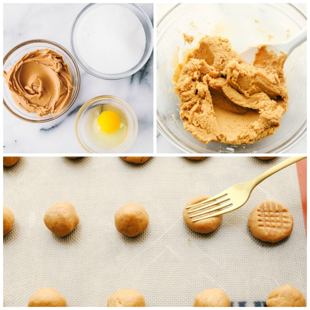 These homemade cookiesย are soft, fluffy and full ofย creamy peanut butter, and it only takes 3 ingredients to make them! 3-photo collage of the cookie ingredients, all of them being mixed together, and then formed into balls.
