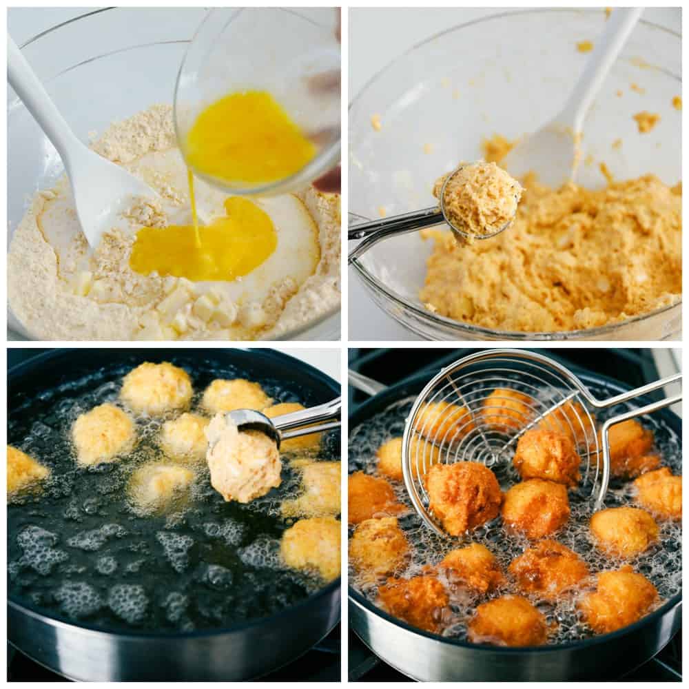 Southern Hush Puppies are golf ball sized, light and flakey cornmeal dough that is fried golden brown on the outside and soft on the inside served as a side dish to any southern meal. These hush puppies are ready in minutes! The process of making hush puppies with the cornmeal and egg mixed together, the dough formed in a ball then added to the oil for frying until golden brown. Then removed with a strainer from the oil.
