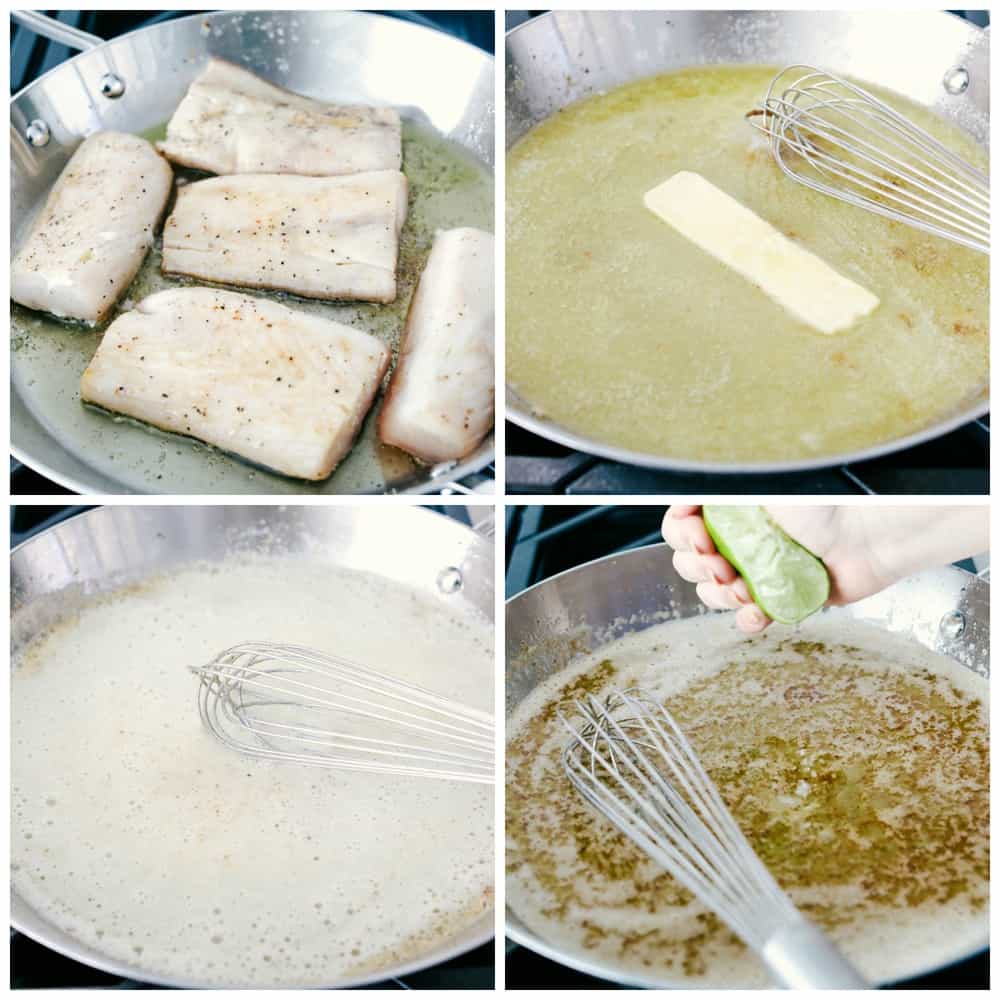 Mahi Mahi is aย tender filet cooked golden brown then in soaked in a brown butter sauce and garnished with a fresh avocado salsa. Anย irresistible Dinner! The process photos of the Mahi Mahi filets being cooked in a skillet. First photo shows filets being cooked in oil, then removing the Mahi Mahi the butter is being melter and whisked together in seasonings and lime juice is being squeezed overtop.