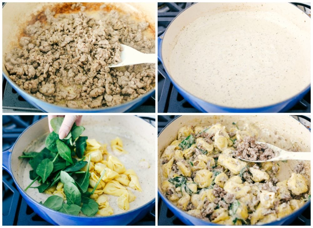 This sausage tortellini skillet is perfect for a creamy and savory dinner that is simple and tastes amazing with all the flavors blended together. It is a family favorite!ย The process of making sausage tortellini in a skillet. First, cook the ground sausage, then make creamy sauce and add in tortellini, spinach and sausage then stir together in the one skillet.