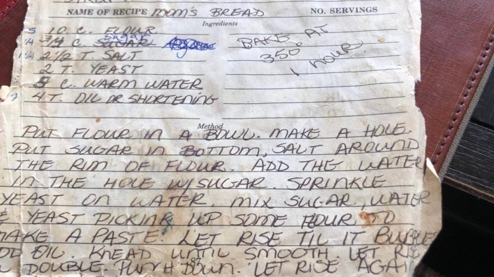 This homemade bread is always a family favorite and can be done so easily with this perfect recipe my grandma handed down to me. Making bread is easier than you think! The recipe criitc's grandmas recipe card that was given to her by her grandma with all the original ingredients and recipe instructions in her handwriting.