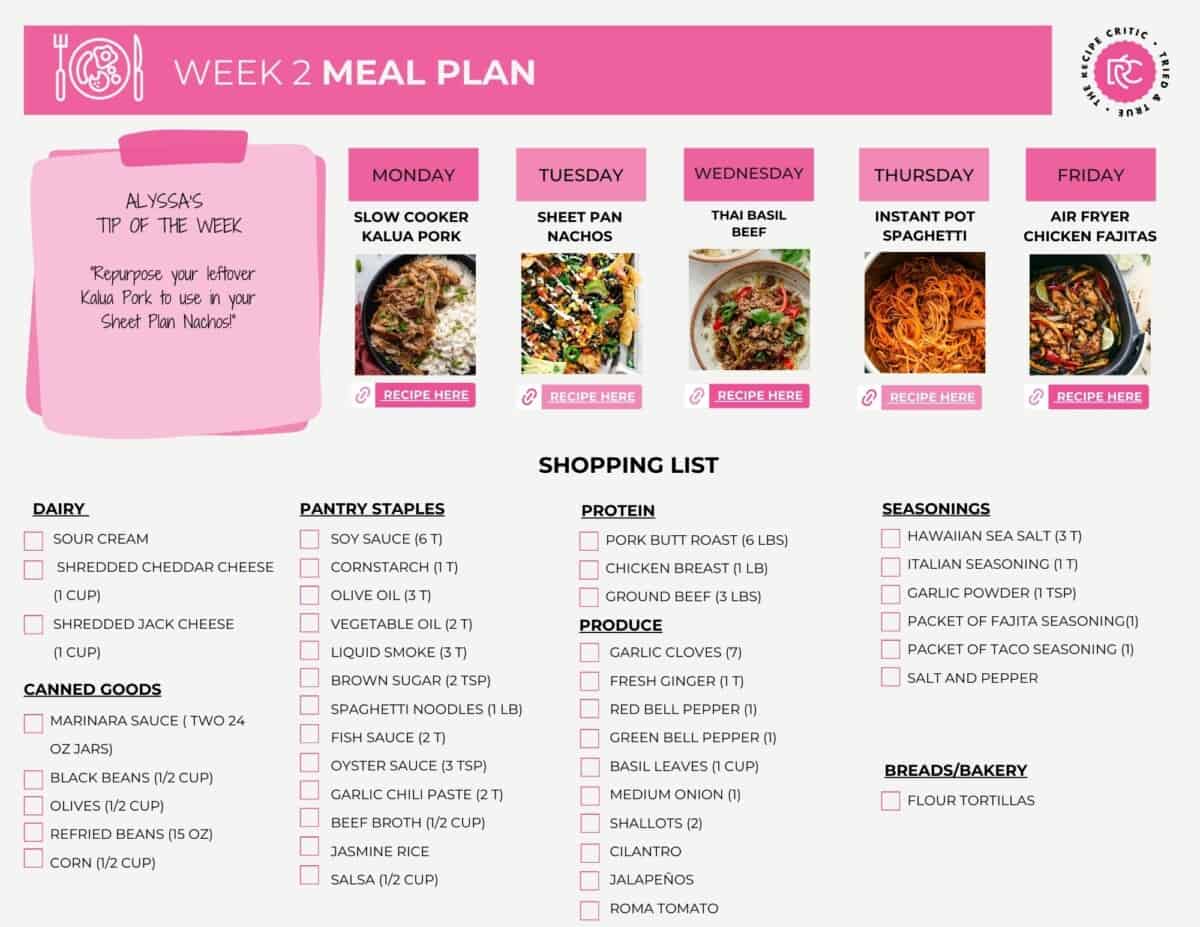 This week's meal plan is all about reusing ingredients and making your life easy! If that's not what meal plans are for then I don't know what is! A pdf printable of a meal plan and shopping list.