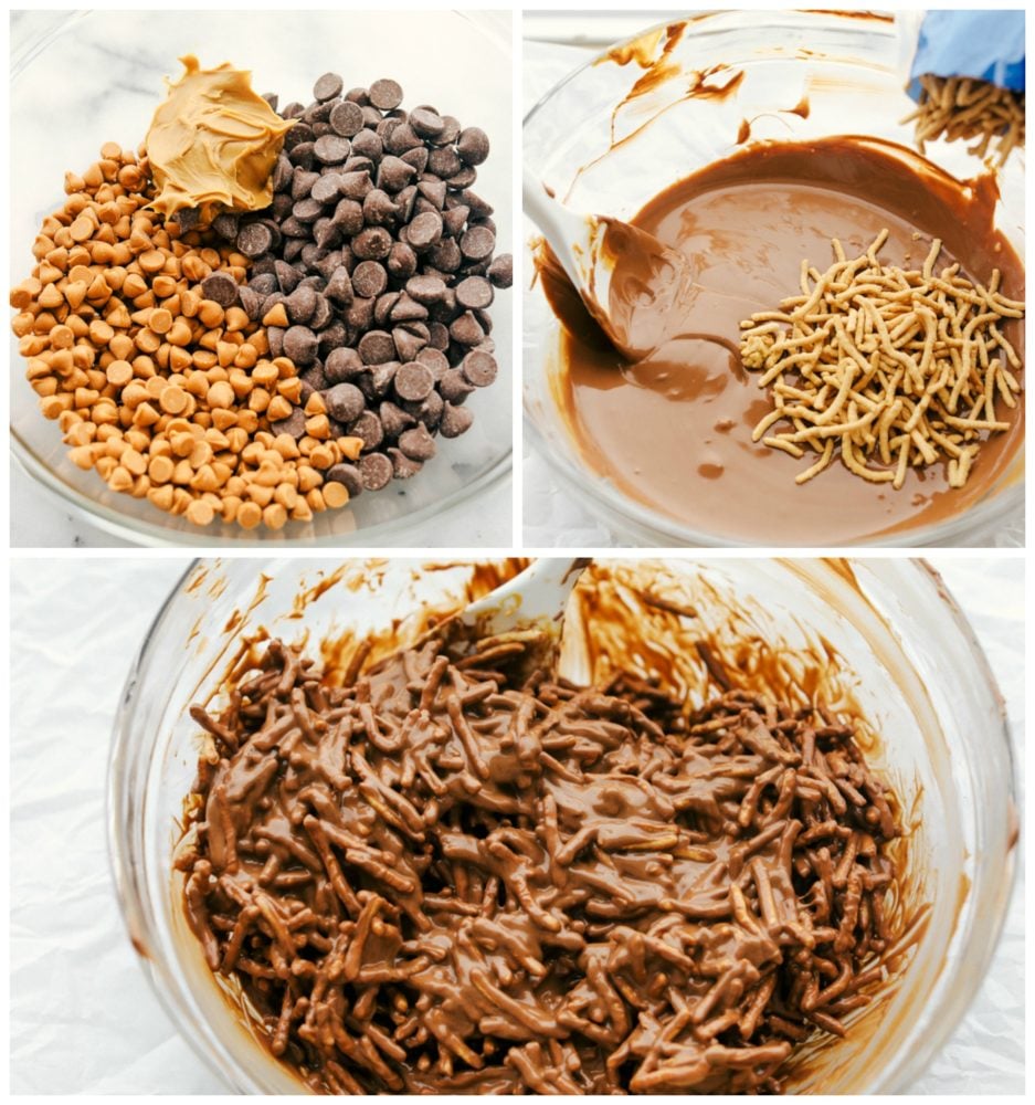 These birds nest cookies are so cute, little and fun to make with kiddos. They are filled with creamy peanut butter, milk chocolate and butterscotch chips all melted together with chow Mein noodles to look like a nest. Add Cadbury eggs for a special touch birds nest touch! Making birds nest in a bowl with the chocolate and butterscotch chips, peanut butter and mixing chow Mein noodles.