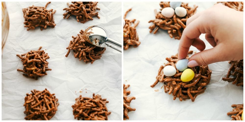These birds nest cookies are so cute, little and fun to make with kiddos. They are filled with creamy peanut butter, milk chocolate and butterscotch chips all melted together with chow Mein noodles to look like a nest. Add Cadbury eggs for a special touch birds nest touch! Scooping the bird's nests to the parchment paper then adding Cadbury eggs on top.