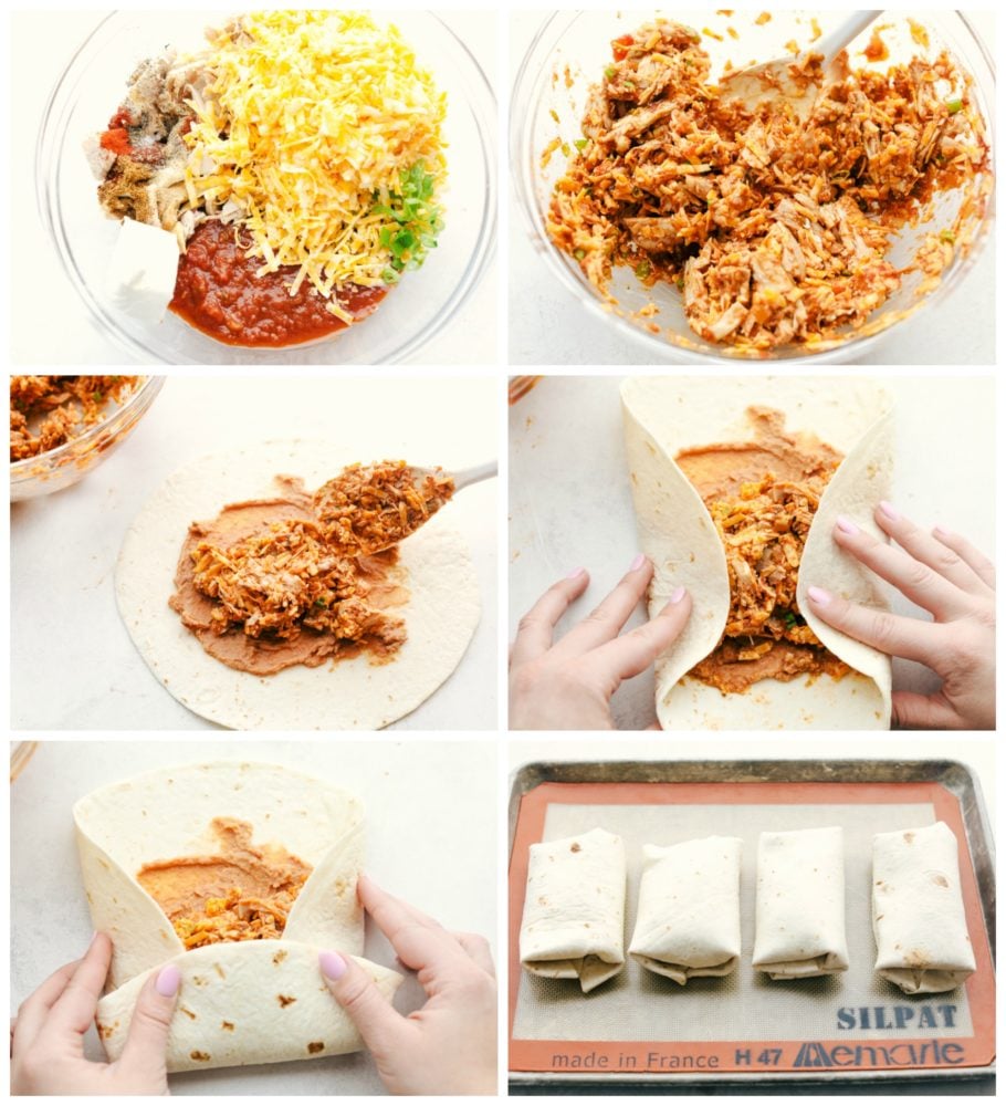 Try these chimichangas either baked or pan fried with tender chicken, stuffed Mexican filling all wrapped in a soft but crispy crust on the outside. These will become a family favorite! Start the process by combining all of the ingredients then mix together and fill the chimichanga and lay on the cookie sheet to bake.