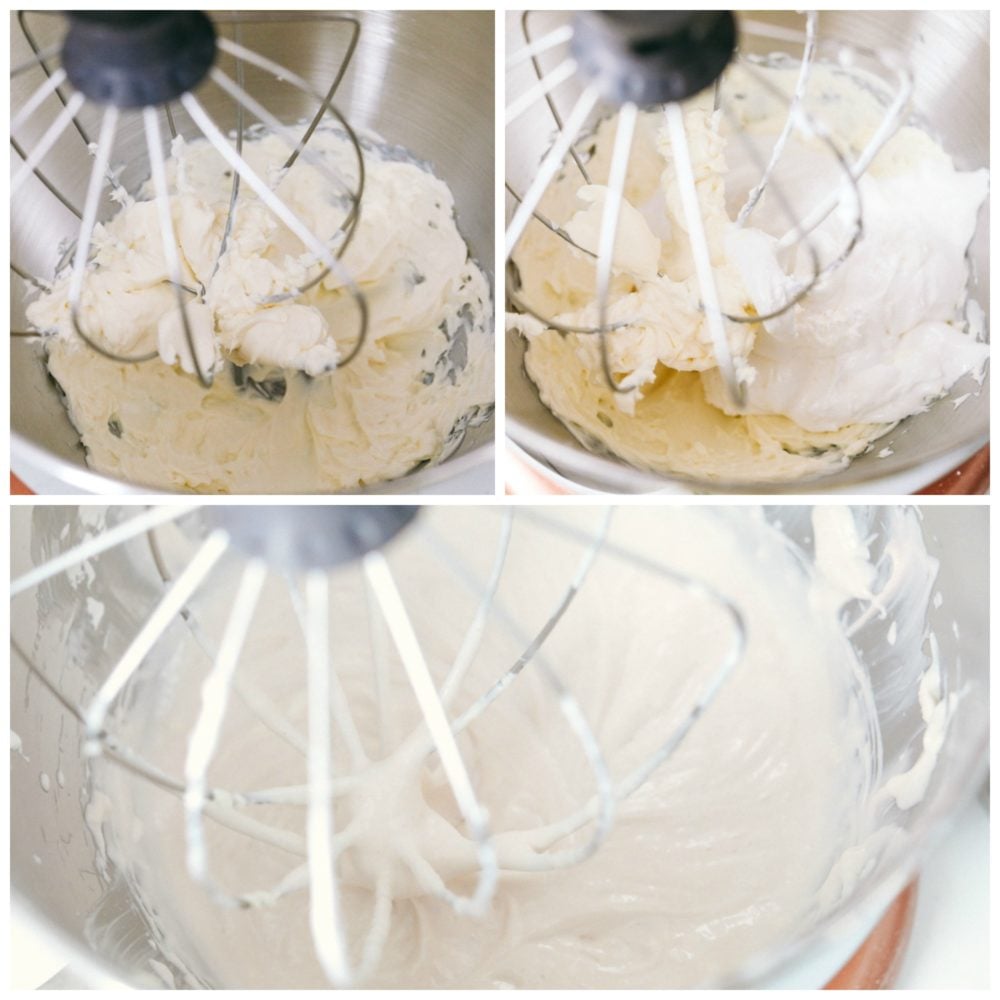 Marshmallow cream cheese fruit dip is one of the best dips to enjoy year round. Fluffy fruit dip is sweet and creamy that is served with all your favorite fresh fruits!ย Mixing the marshmallow cream cheese fruit dip together in a kitchen aid mixer.