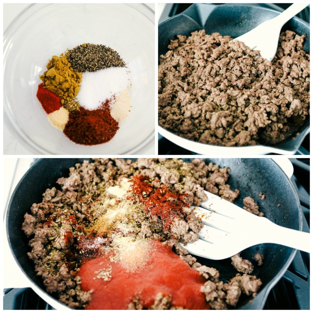 Ground beef tacos are a quick and easy dinner that your whole family will love! Fill a taco with this tender and juicy beef that will become the best weeknight dinner.ย Making homemade taco seasoning and adding it to the ground beef after it is cooked then adding in tomato paste and stirred together.