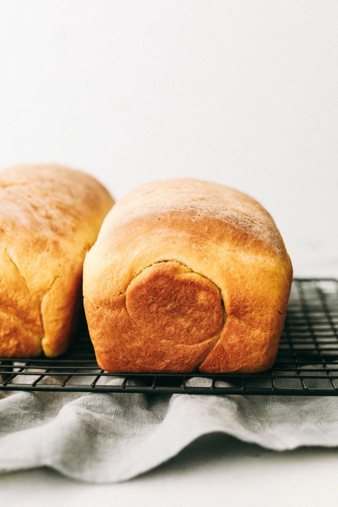 This homemade bread is always a family favorite and can be done so easily with this perfect recipe my grandma handed down to me. Making bread is easier than you think! Baked bread out of the oven sitting on a cooling rack.