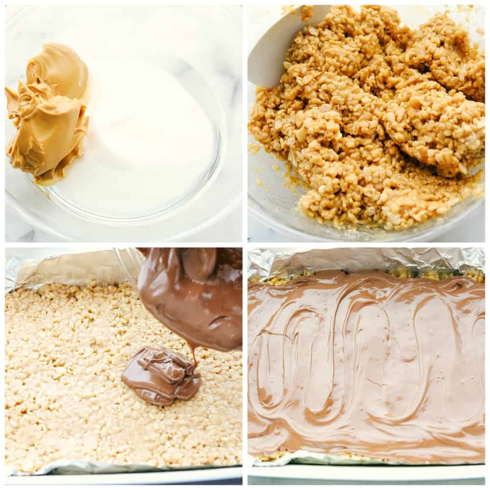 Scotcharoos are a perfect combination of butterscotch and peanut butter with a twist of a Rice Krispie crunch in the middle and a thick, rich chocolate layer that makes an irresistible treat. Sink your teeth in these ooey gooey bars! Melting the peanut butter and sugar together then adding the cereal mixture and pressing it into the pan. Then adding the melted chocolate over top and letting sit.