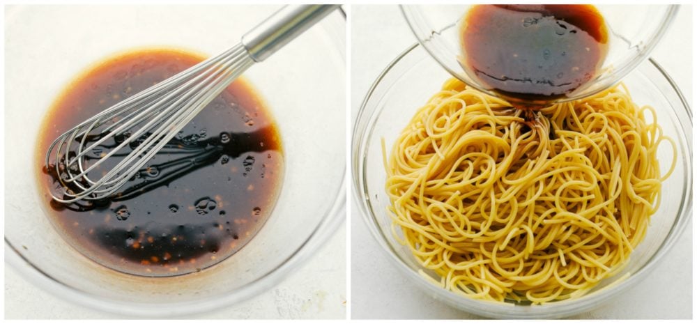 A quick and easy garlic sesame noodle recipe that is light and tasty! Add in vegetables and protein to enhance this oriental dish or keep it simple with a garlic sesame flavoring.ย Whisking together the sesame garlic sauce in one photo on the left side and on the right side the sauce being poured over the cooked pasta.