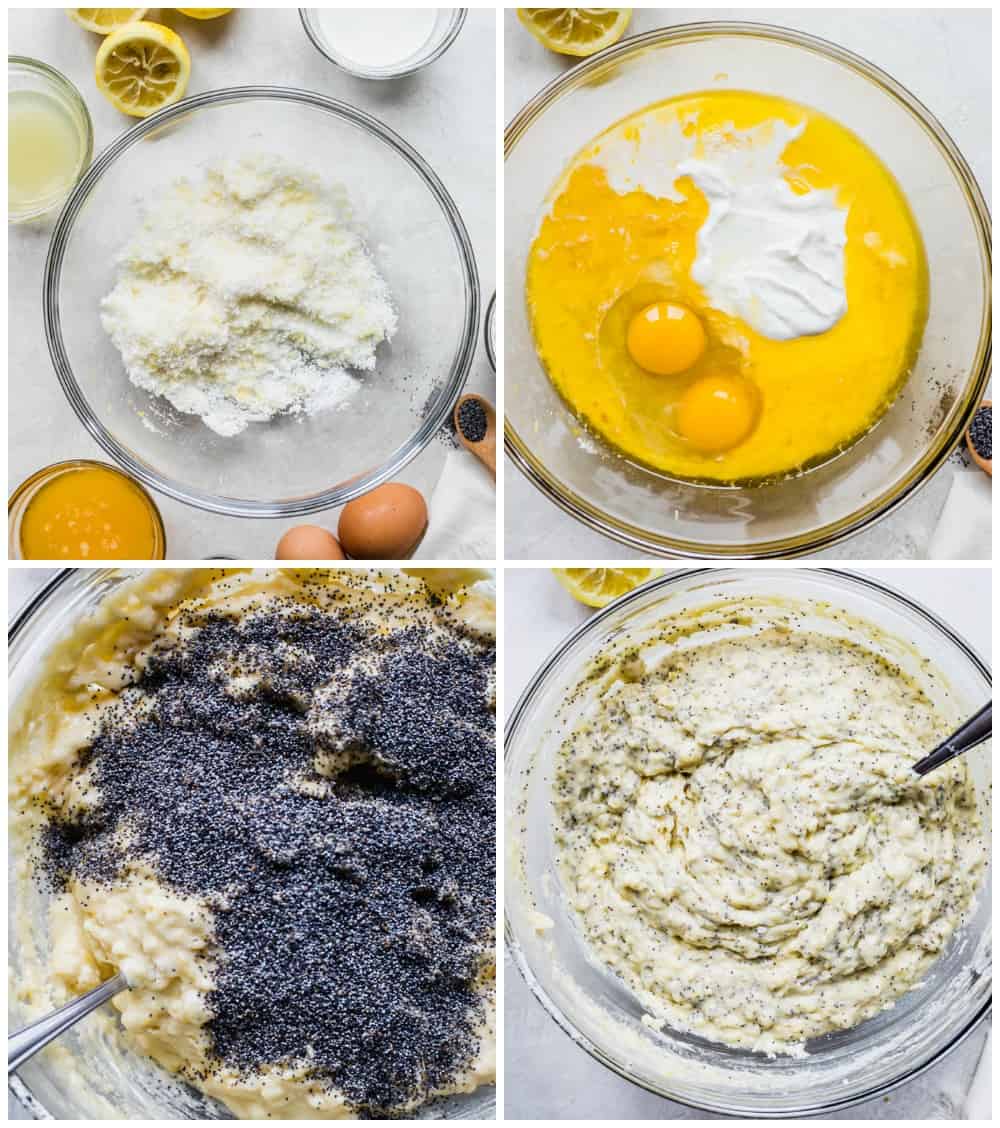 These lemon poppyseed muffins are super soft and loaded with fresh lemon flavor thanks to fresh juice and zest. Tender and moist, these muffins are the perfect breakfast or brunch companion! 4-photo collage of muffin batter being prepared.