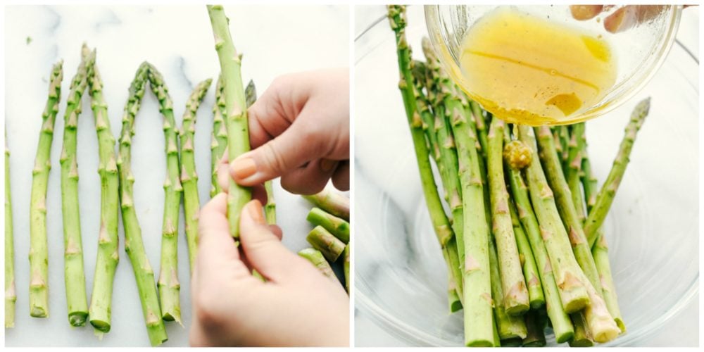 This lemon honey garlic asparagus recipe has a crisp outside with a tender inside cooked in a lemon, honey marinade with minced garlic. This asparagus compliments any main dish and adds a colorful feel to the table! Two photos preparing the asparagus. One photo on the left hand side showing the asparagus being broken and the the right hand photo with the asparagus in a large glass bowl having the dressing marinade being poured over top.