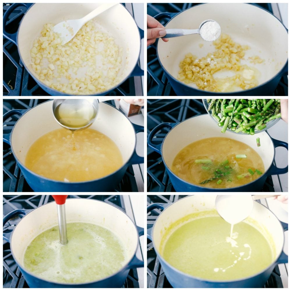 This asparagus soup is rich, flavorful and creamy not to mention it is simple to make! The velvety texture melts in your mouth leaving you wanting more. The photos are six shots of making the asparagus soups in a pot.