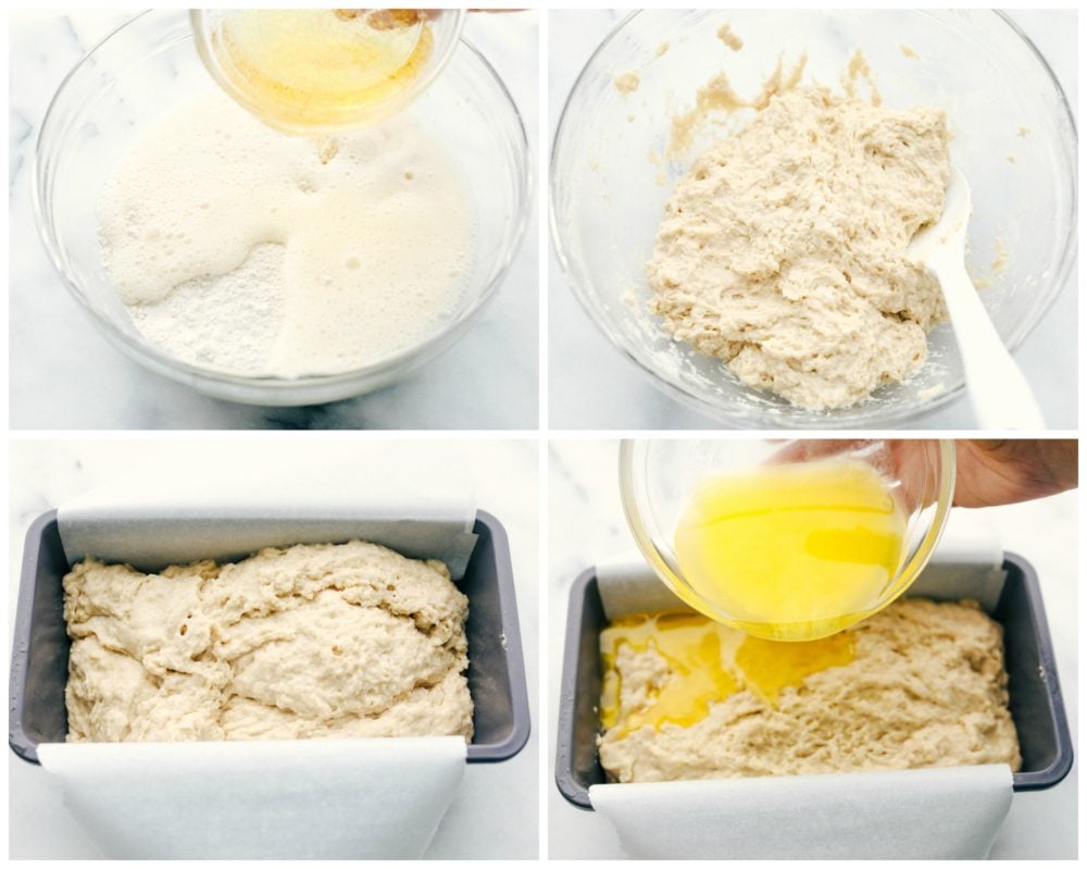 No yeast, No problem! This recipe is a light and fluffy buttery bread that is filled with a special ingredient that substitutes for yeast. You guessed it, beer! With this six ingredient recipe you will be sure to please your family with this homemade bread recipe! The process of making butter beer bread by combining all ingredients together then letting it sit then adding it to a loaf pan with parchment paper underneath.