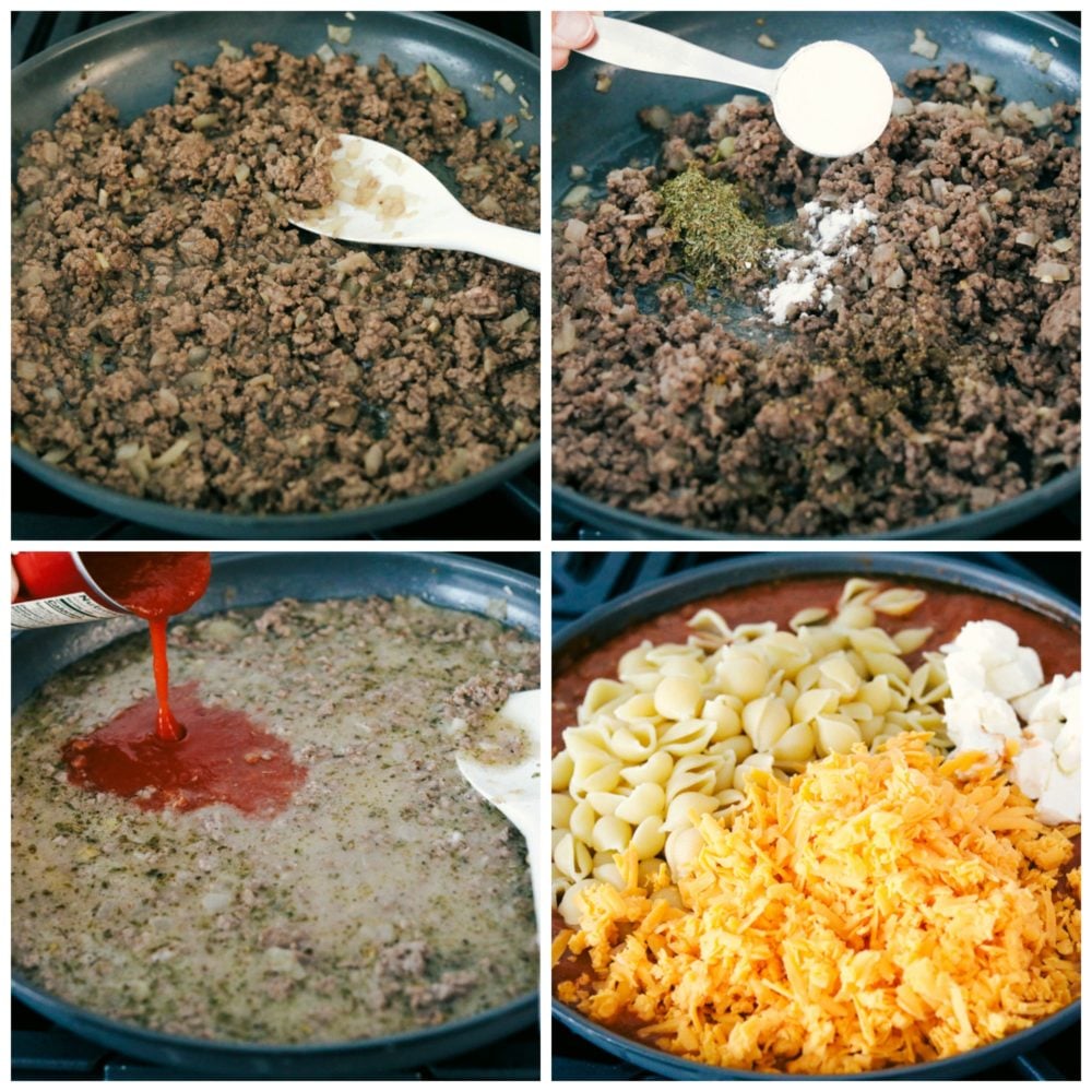 This cheesy beef and shells recipe is so simple to make with just a few ingredients straight out of your pantry, plus it all comes together in 20 minutes. Comforting, cheesy dinner that the whole family will love! The process of browning beef then adding in seasoning, pasta, cream cheese and cheese.