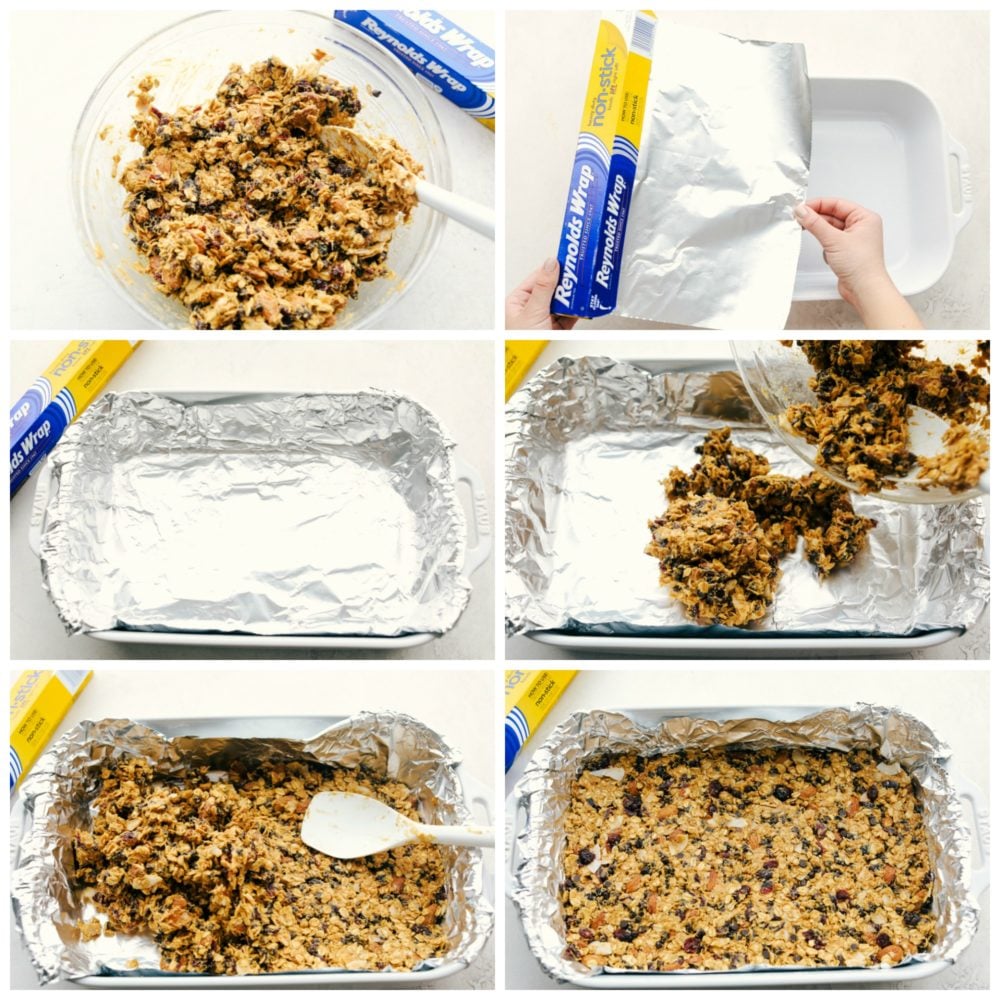 Easy to make chewy granola bars that are homemade filled with regular oats, dried cranberries, salty almonds, mini dark chocolate chips all combined with a sweet honey and a peanut butter flavoring. Snack time just got easier with these tasty bars!ย The process of making granola bars. Add all the ingredients in to a glass bowl then stirring together with a plastic spoon. Adding Reynolds wrap to the pan and the spreading the granola mixture into the pan and patting the top of it to level it out.