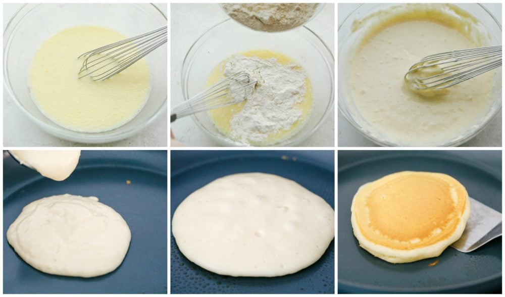 Grandma's homemade fluffy pancakes are the ultimate comfort breakfast! They're light and airy, yet satisfyingly filling, making them the perfect morning treat. The process of mixing wet and dry ingredients together then combining them and cooking individual pancakes one at a time on the skillet.
