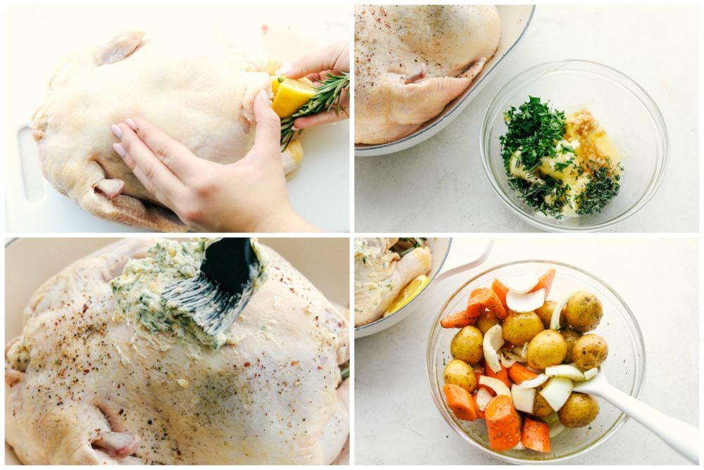 Garlic roasted chicken with vegetables is a whole chicken rubbed with an herb butter then stuffed with a mixture of seasonings. Roasted in a large skillet combined with fresh, flavorful vegetables!ย The process of stuffing the chicken, then making a herb butter and brushing it over top the chicken. Then mixing the vegetables in an olive oil.