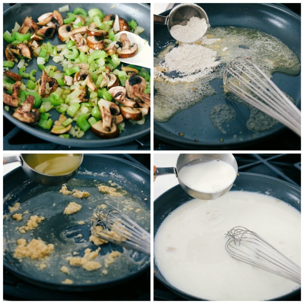 This tuna noodle casserole is a family favorite that is filled with thick noodles, vegetables and tender chunks of tuna fish. All baked together in one pan in 30 minutes! The process of sautรฉing mushrooms celery then making a roux with flour, chicken broth and milk.