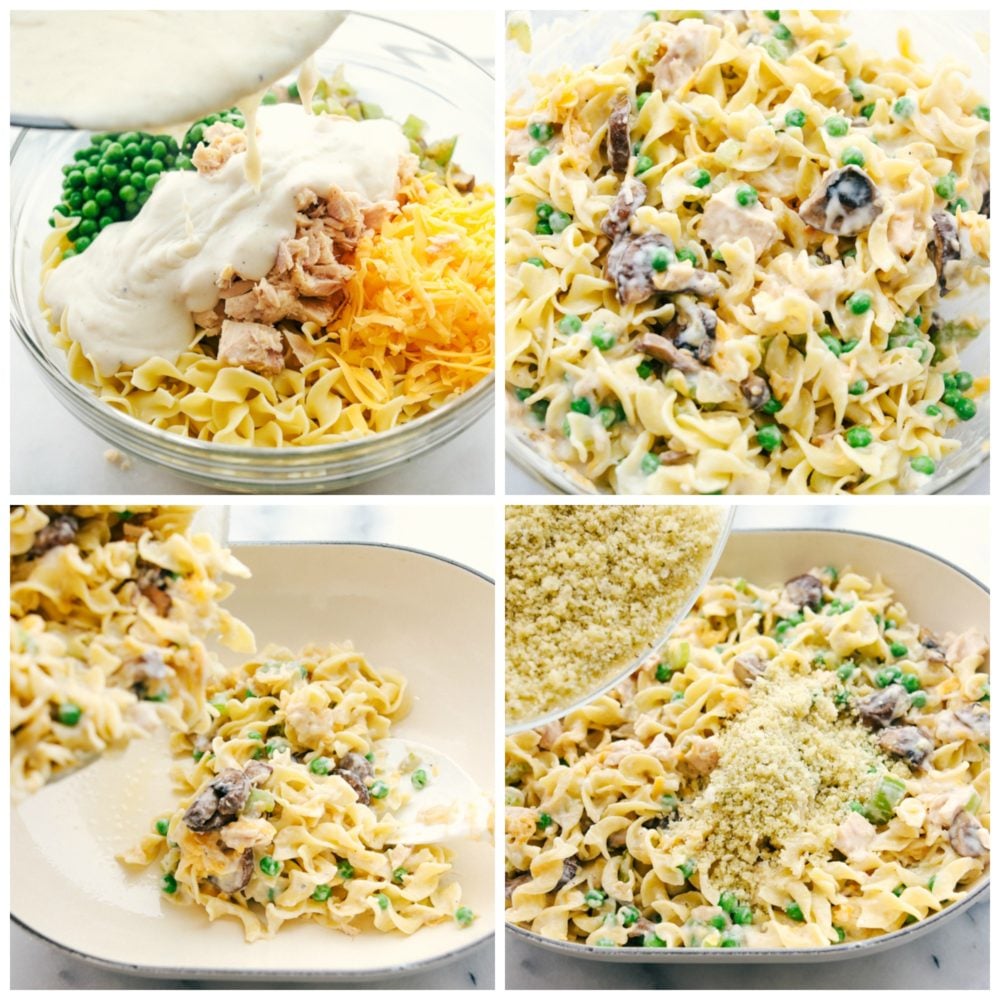 This tuna noodle casserole is a family favorite that is filled with thick noodles, vegetables and tender chunks of tuna fish. All baked together in one pan in 30 minutes! The process photos of mixing the ingredients mixed together in a glass bowl.