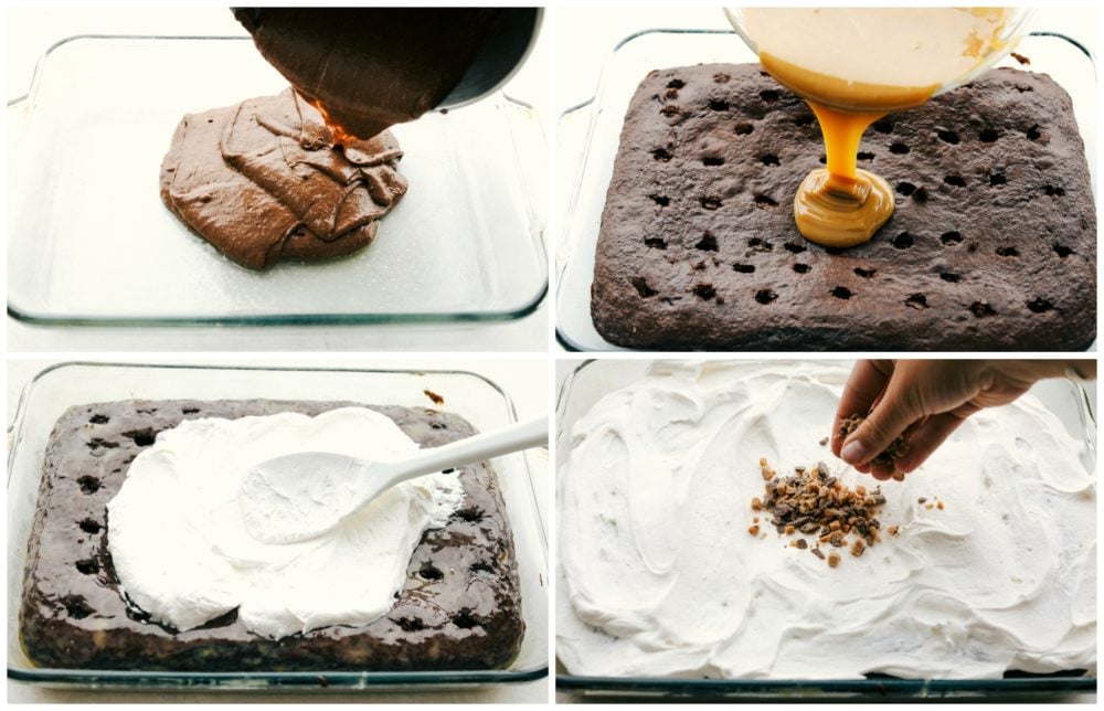 This better than anything cake is a chocolate cake filled with caramel pockets, layered with cool whip and topped with heath bites making ย this cake extremely moist and flavorful in every bite! Make this your next party cake!ย The process of making better than anything cake in four photos showing the batter being poured in a cake pan, the chocolate cake poked with caramel sauce poured in the holes, then the cool whip being spread of top and the heath sprinkled.