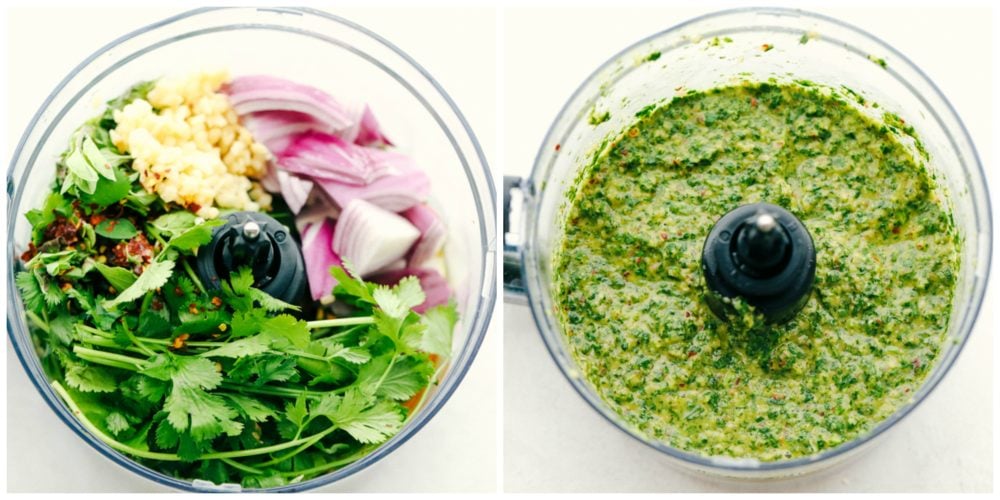 This chimichurri sauce is sweet and savory with a hint of spice and crunch from a tasty red onion. Upgrade your meat or poultry by spreading this flavorful sauce over top creating an intense and delicious flavor every time! Blender full of chimichurri sauce ingredients and another blender with it blended together.